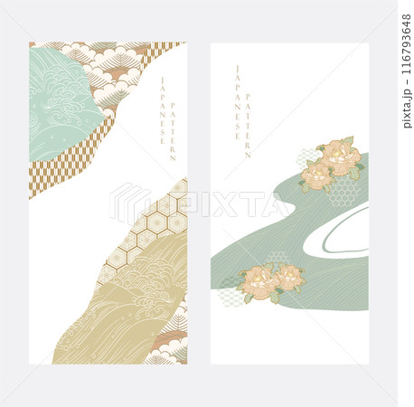 Japanese background with Asian traditional icon vector. Bonsai tree, wave pattern, bamboo and ribbon elements. Geometric pattern template in vintage style. Japanese background with Asian traditional icon vector. Bonsai tree, wave pattern, bamboo and ribbon elements. Geometric pattern template in vintage style. 116793648