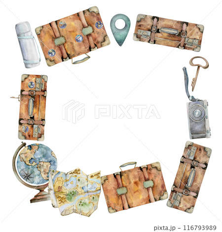 Old vintage suitcases with stickers and pins, photo camera, map, flask. Watercolor hand drawn illustration. Square frame. Design for tourism, travel brochure, booklet, wedding guide, print, card. Old vintage suitcases with stickers and pins, photo camera, map, flask. Watercolor hand drawn illustration. Square frame. Design for tourism, travel brochure, booklet, wedding guide, print, card. 116793989