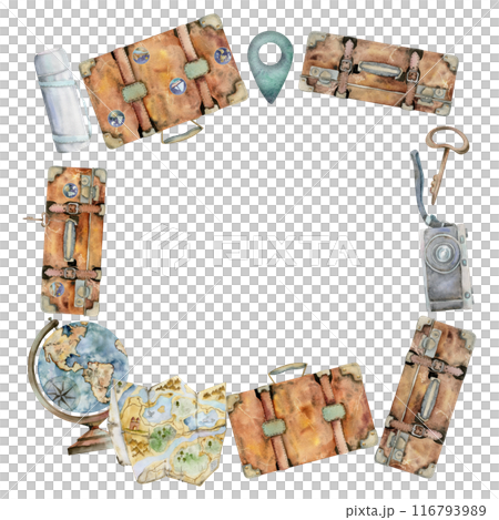 Old vintage suitcases with stickers and pins, photo camera, map, flask. Watercolor hand drawn illustration. Square frame. Design for tourism, travel brochure, booklet, wedding guide, print, card. Old vintage suitcases with stickers and pins, photo camera, map, flask. Watercolor hand drawn illustration. Square frame. Design for tourism, travel brochure, booklet, wedding guide, print, card. 116793989