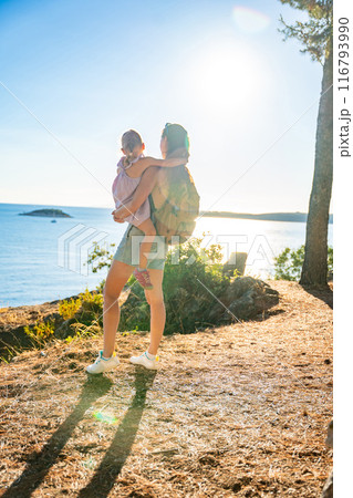 Mother and daughter in shore in the bay of Uvala Gradina near the town of Vela Luka on the island of Korcula in Croatia Mother and daughter in shore in the bay of Uvala Gradina near the town of Vela Luka on the island of Korcula in Croatia 116793990