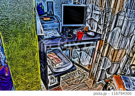 Apartment interior, computer desk on the loggia. Work chaos in the home office. 116794300
