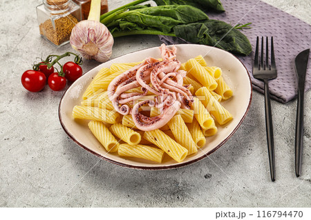 Italian cuisine - pasta tortiglioni with squid Italian cuisine - pasta tortiglioni with squid 116794470