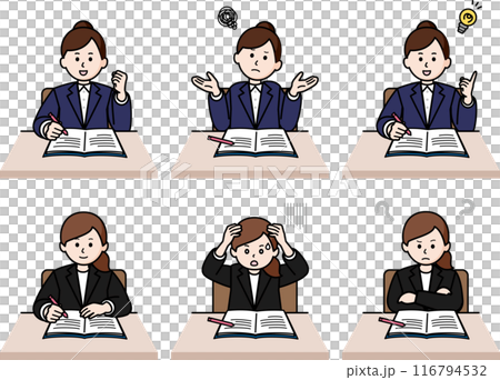 Set of 6 upper body poses: Woman in a suit writing a note Set of 6 upper body poses: Woman in a suit writing a note 116794532