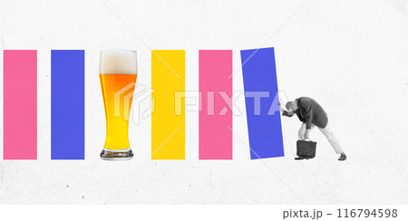 Target. Employee pushing colorful block in tired pose, moving forward to long awaited success and reward. Contemporary art collage. Target. Employee pushing colorful block in tired pose, moving forward to long awaited success and reward. Contemporary art collage. 116794598