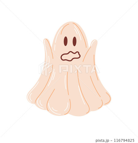 Spooky ghost in flat style. Emotional Halloween phantom, surprised frightening character. Vector illustration isolated on a white background. Spooky ghost in flat style. Emotional Halloween phantom, surprised frightening character. Vector illustration isolated on a white background. 116794825