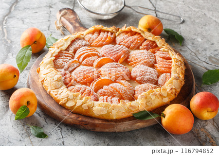 French Fresh apricot galette pie cake with almonds and powdered sugar close-up on a wooden board. Horizontal French Fresh apricot galette pie cake with almonds and powdered sugar close-up on a wooden board. Horizontal 116794852