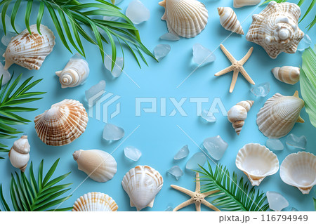 Seashells, pebbles, mockup on blue background. Blank, top view, still life, flat lay. Sea vacation travel concept tourism and resorts. Summer holidays. 116794949