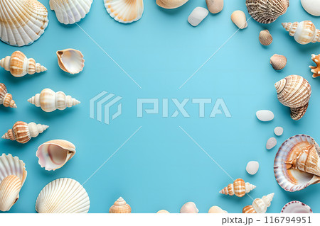 Seashells, pebbles, mockup on blue background. Blank, top view, still life, flat lay. Sea vacation travel concept tourism and resorts. Summer holidays. 116794951