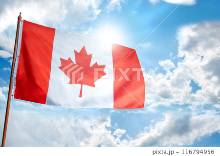 A Canadian flag is flying in the sky on a sunny day 116794956