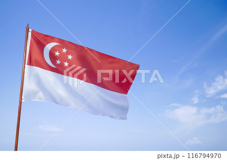 A red and white flag with a crescent moon on it of the Singapore flag 116794970