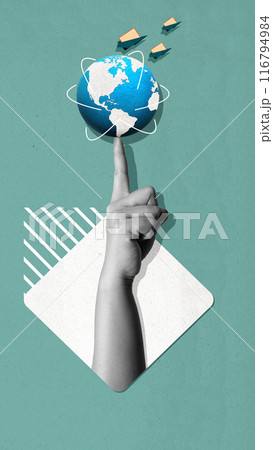 A hand is pointing at a globe with a finger 116794984