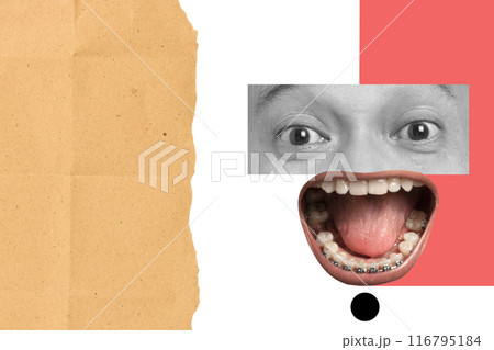 A man's face is cut out of a piece of paper and is surrounded by a smile 116795184