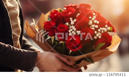 Man holding a bouquet of roses, ready to gift to a loved one, expressing affection and admiration in a timeless gesture. AI Generated Man holding a bouquet of roses, ready to gift to a loved one, expressing affection and admiration in a timeless gesture. AI Generated 116795411