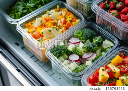 Lunch boxes with prepared food in refrigerator 116795668