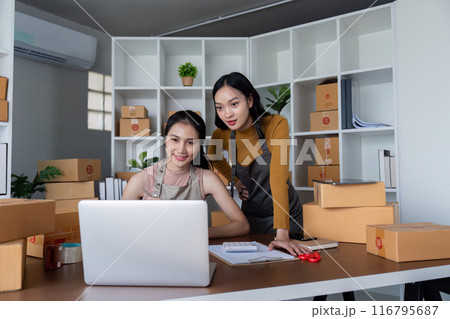 Young Entrepreneur Working on Online Business with Laptop and Packaging Boxes in Modern Office 116795687