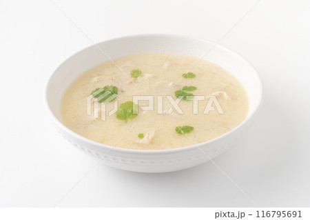 Close-up of Georgian traditional chicken soup Chikhirtma in the white plate Close-up of Georgian traditional chicken soup Chikhirtma in the white plate 116795691