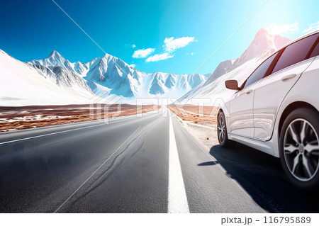 Car traveling with a mountain road at summer day. 116795889