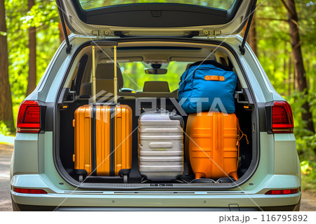 modern SUV car trunk open and full of suitcases and bags to return from summer holidays 116795892