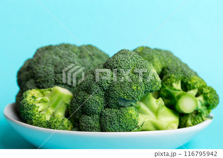 broccoli of fresh green broccoli in bowl over coloredbackground. , close up. Fresh vegetable 116795942
