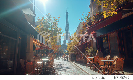 Paris Cafe With Eiffel Tower View. Generative AI Paris Cafe With Eiffel Tower View. Generative AI 116796267