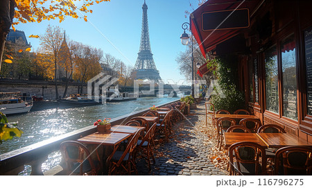 Paris Cafe With Eiffel Tower View. Generative AI Paris Cafe With Eiffel Tower View. Generative AI 116796275