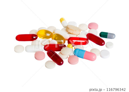 Many different colorful medication and pills perspective view. Set of many pills on colored background 116796342