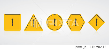 Set of yellow exclamation mark icon on grey background. Caution sign in various shape. Vector 116796412