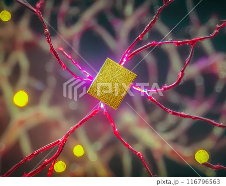 a neuron with an implanted microchip, concept nanotechnology and medical research a neuron with an implanted microchip, concept nanotechnology and medical research 116796563