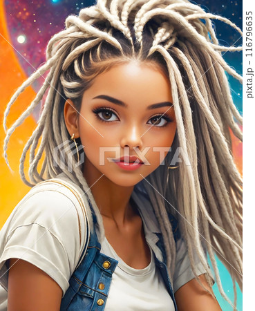 ドレッドヘアーで可愛い女の子の異世界旅行のポートレートイラストレーション 116796635