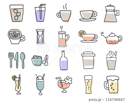 飲み物関連のゆるい手描きアイコンのセット_カラー 116796687