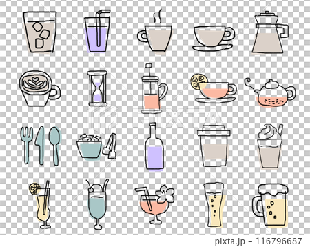 飲み物関連のゆるい手描きアイコンのセット_カラー 116796687