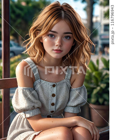 可愛いそばかす顔の十代の女の子、フォトリアルなポートレート 116796943