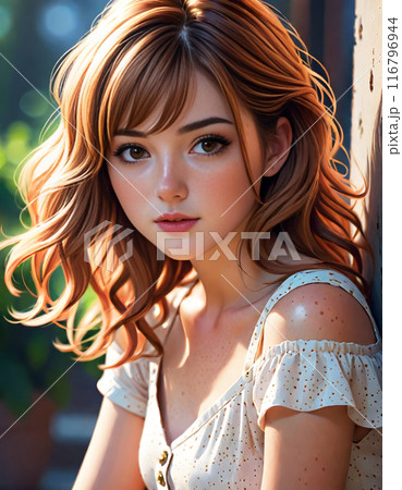可愛いそばかす顔の十代の女の子、フォトリアルなポートレート 116796944