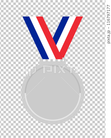 Simple plain silver medal and tricolor neck ribbon - Design material for runner-up, second place, and silver award 116797177
