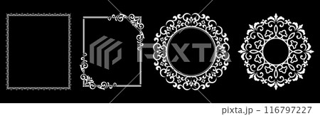 Set of decorative frames Elegant vector element for design in Eastern style, place for text. Floral black and white borders. Lace illustration for invitations and greeting cards. 116797227