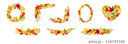 Bright Autumn Foliage and Leaf Decorative Border Vector Set 116797298