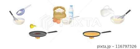 Tasty Pancake Cooking Process with Utensil Vector Set 116797326