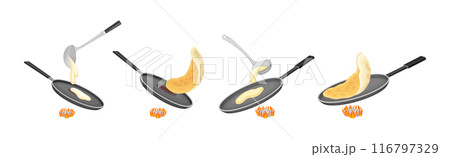 Tasty Pancake Cooking Process with Utensil Vector Set 116797329