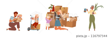 Man and Woman with Kid Moving New House Packing Cardboard Box Vector Set 116797344