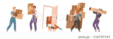 Man Character Moving New House Packing Cardboard Box Vector Set Man Character Moving New House Packing Cardboard Box Vector Set 116797345