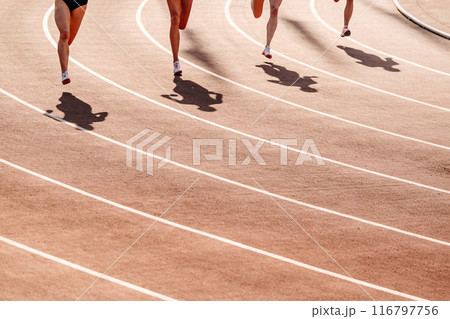 beginning 800-meter race, women legs, shadows on red track stadium beginning 800-meter race, women legs, shadows on red track stadium 116797756