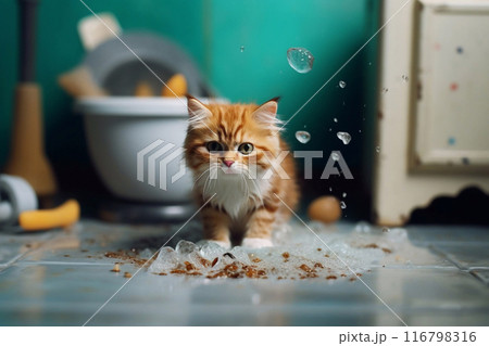 Cat mess. Cat pranks. Pets are having fun. 116798316