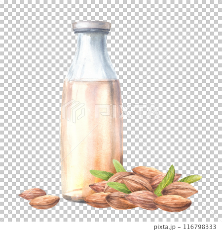 Almond Milk. Glass bottle with nuts and leaves. Watercolor dood and drink composition. Plant based milk. Hand painted dairy, lactose free beverage Clipart for menu, cosmetic label on isolated 116798333