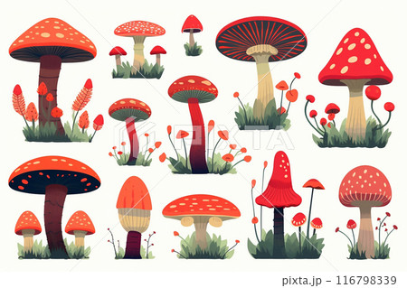 A set of fly agaric mushrooms on a white background A set of fly agaric mushrooms on a white background 116798339