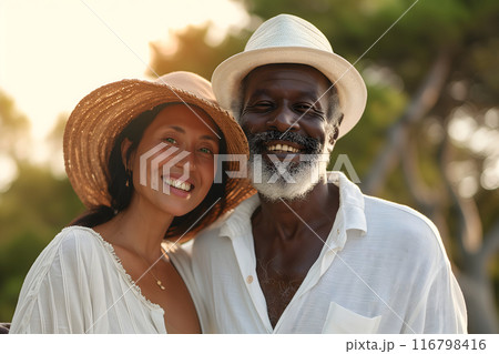 senior heterosexual diverse couple in beautiful summer nature senior heterosexual diverse couple in beautiful summer nature 116798416