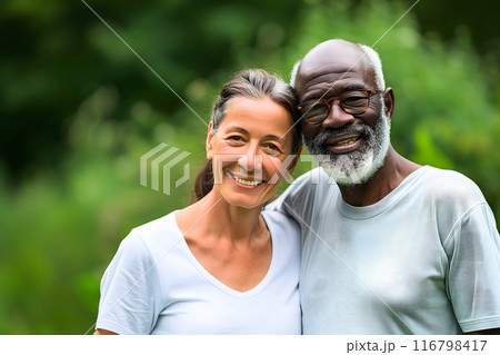 senior heterosexual diverse couple in beautiful summer nature senior heterosexual diverse couple in beautiful summer nature 116798417