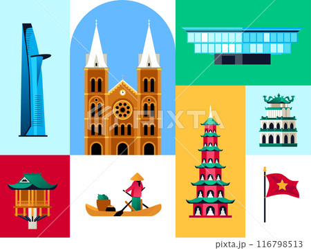 Antiquities and architecture of Vietnam - set of flat design style colorful illustrations 116798513