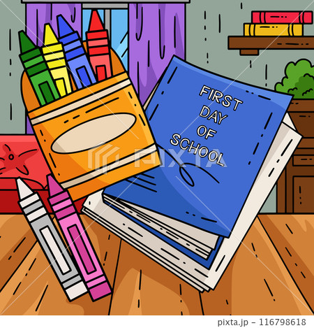 First Day of School Crayons and Notebooks Colored First Day of School Crayons and Notebooks Colored 116798618