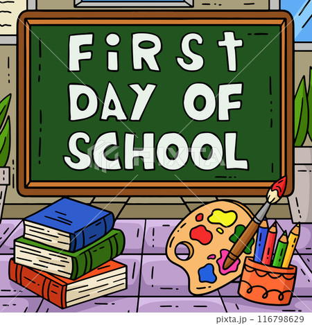 First Day of School on Chalkboard Colored Cartoon First Day of School on Chalkboard Colored Cartoon 116798629
