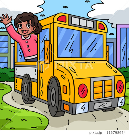First Day of School Child In School Bus Colored First Day of School Child In School Bus Colored 116798654